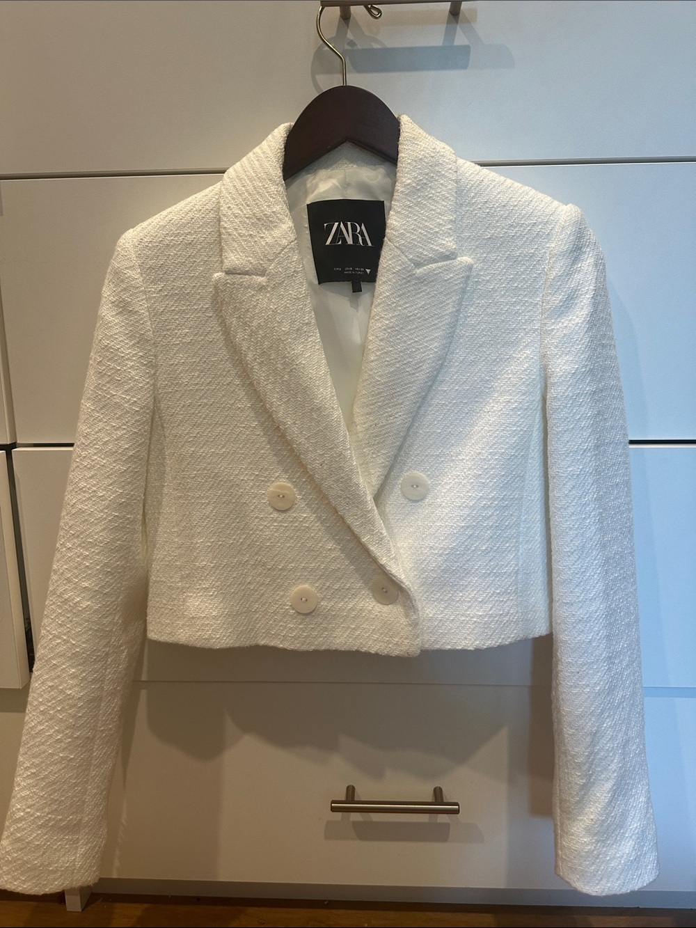 Zara Cream Cropped Double-Breasted Textured Blazer